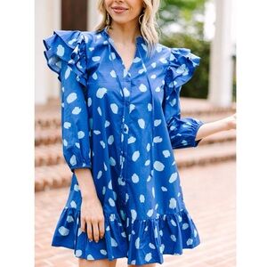SugarLips Blue Polka Dot Ruffle Odessa Drop Waist Button Up Mini Dress Medium
